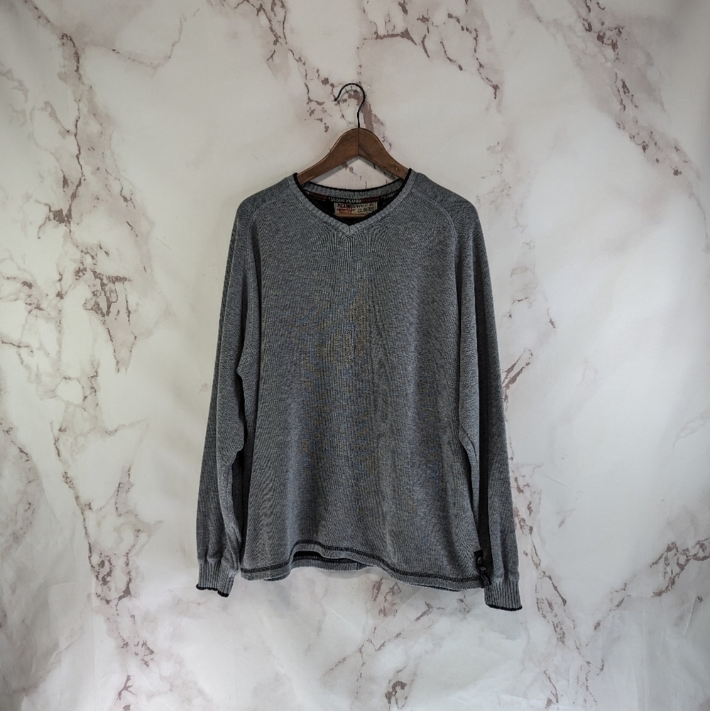 Plugg Sweater Mens Large Gray Vintage 90s Y2K Long Sleeve Pullover Grunge V Neck